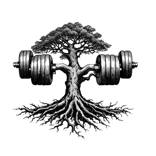 Dumbbells morphing into the roots of Yggdrasil tree tattoo design idea
