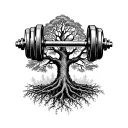 Dumbbells morphing into the roots of Yggdrasil tree tattoo design idea