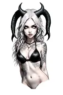 Sexy Pale Girl, Petite, Big Boobs, Wide Hips, G-string. Messy Hair, Demonic Horns, Sexual.... on hood, white eyes tattoo design idea