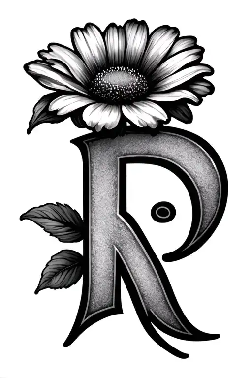 "R" tiny R letter with a flower on top tattoo design idea