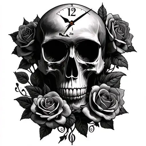 skull clock face and roses growing tattoo design idea