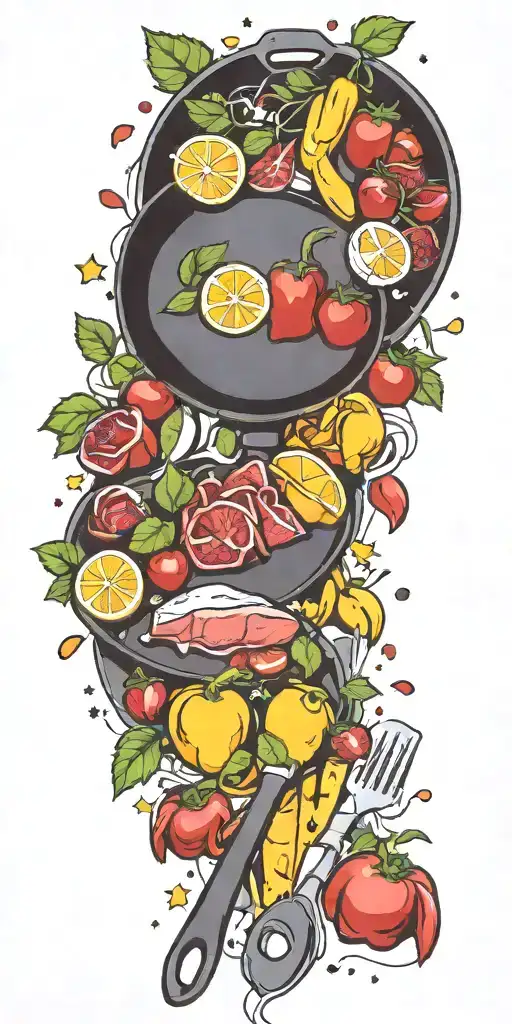 cooking utensils frying pan fruits vegetables steak roses stars tattoo design idea