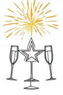 Moravian star with fire work  behind it and two clinking champagne flutes tattoo design idea