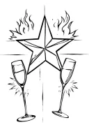 Moravian star with fire work  behind it and two clinking champagne flutes tattoo design idea