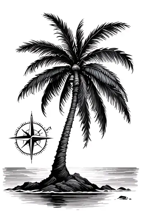 palm tree with compass rose tattoo design idea