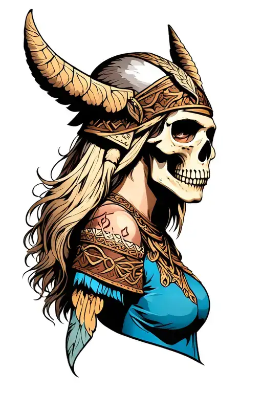 A whole body sexy Viking Valkyrie traditionally coloured tattoo busty head to toe. half of the face a skull tattoo design idea