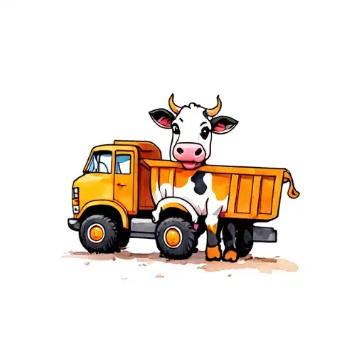 cartoon cow with a dump truck tattoo design idea