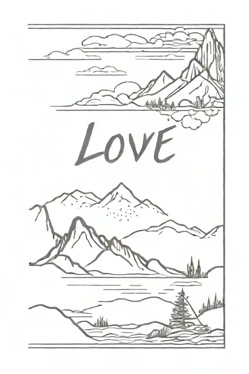 frame with landscape of mountains and lake with a fishing line and the word love underneath  tattoo design idea