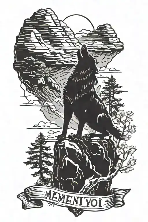 A silhouette of a wolf howling at a rock climbing wall, with the phrase 'memento mori' in a banner tattoo design idea
