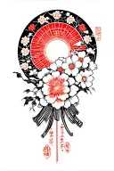 Japanese sun, Shinto shrine and flowers in a wood block print style. top center of back tattoo design idea