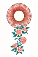 Japanese sun, Shinto shrine and flowers in a wood block print style. top center of back tattoo design idea