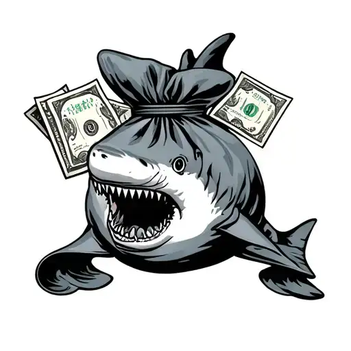 bag of money with a shark and sea waves japanese tattoo design idea