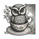 happy cute Owl balancing on teacup simple tattoo tattoo design idea