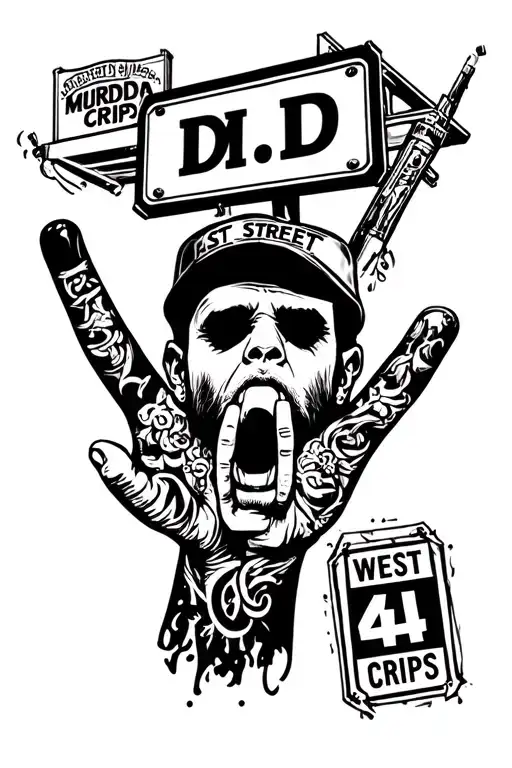 A gang tatto DMD murda Crips with a 64th street sign and a east side  and west side gang signs street style , hood tatto tattoo design idea