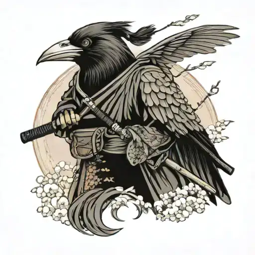 a female ronin samurai with a crow on her shoulder tattoo design idea