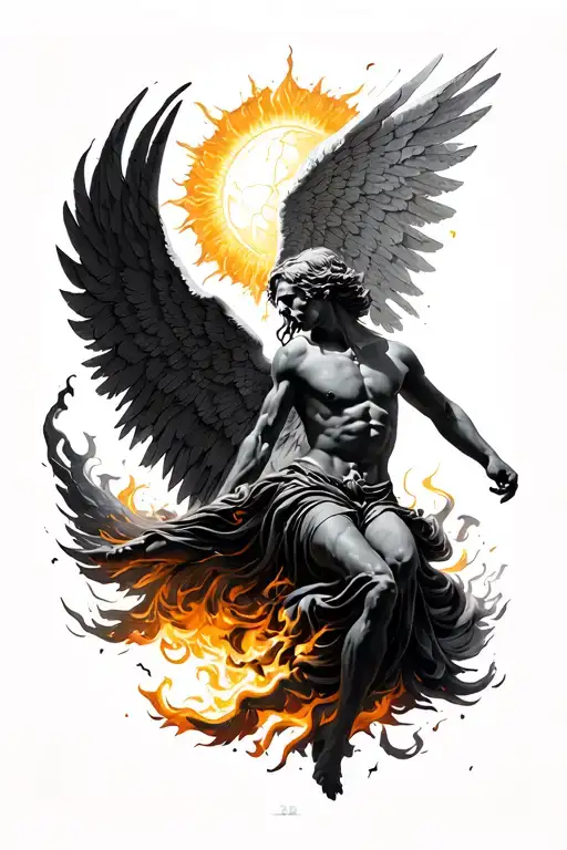 Icarus falling with a demonic wing and an Angel one the sun is very intense ad it burns the wings  tattoo design idea