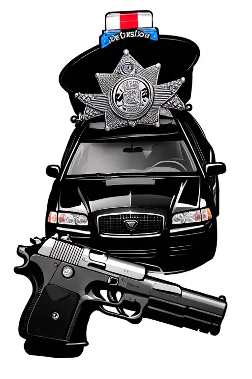 police car, police badge, police cuffs, police gun tattoo design idea