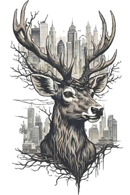 dear head straight on with city skyline in antlers tattoo design idea