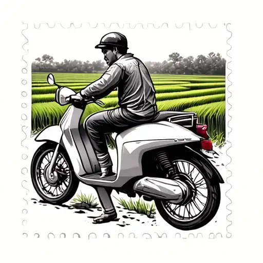 rice fields with a scooter in a postage stamp tattoo design idea