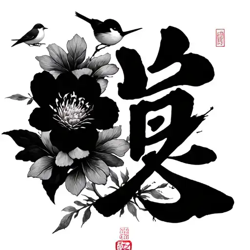 Japanese characters for oubaitori, with delicate flower to match each character, one small bird perched on first charact tattoo design idea