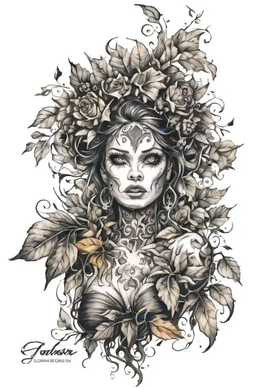 from the half an angel in a dress of leaves with a burning face tattoo design idea