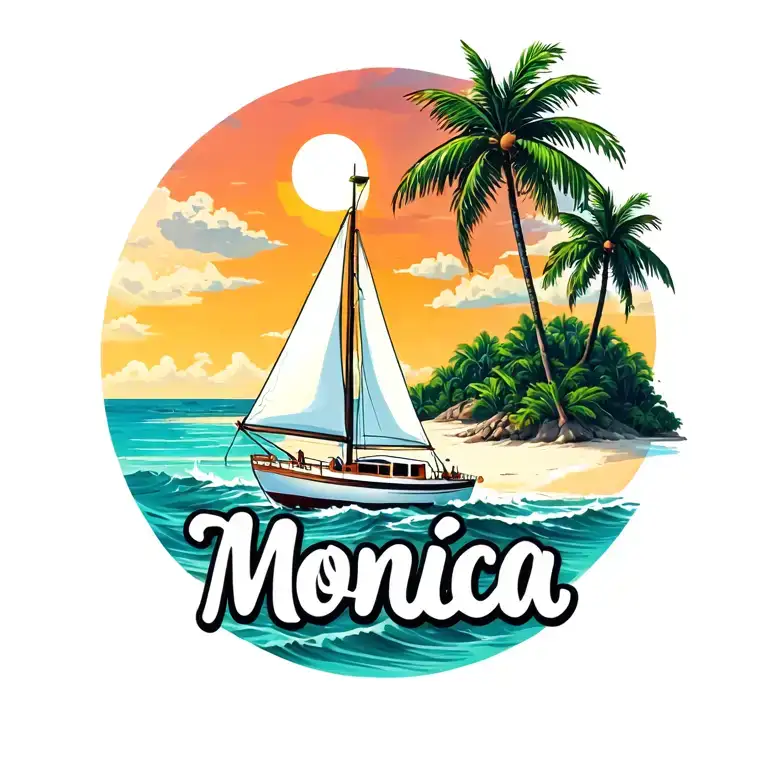 "Monica"  "Monica" foreground white sailboat sailing away towards sunrise sky, ocean, island with palm, beach tattoo design idea