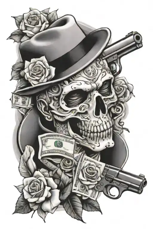 CREATE A GANGSTER TATTOO WITH A GUN, MASK, DOLLARS AND ROSE tattoo design idea