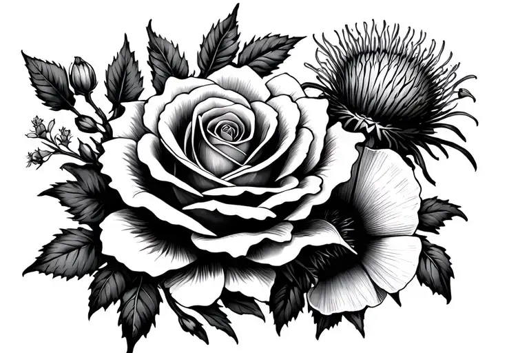 tattoo for inner bicep. Incorporates red English rose, Scottish thistle, Jewish squill, several small poppies, Jasmine f tattoo design idea