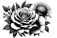 tattoo for inner bicep. Incorporates red English rose, Scottish thistle, Jewish squill, several small poppies, Jasmine f tattoo design idea