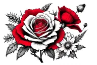 tattoo for inner bicep. Incorporates red English rose, Scottish thistle, Jewish squill, several small poppies, Jasmine f tattoo design idea