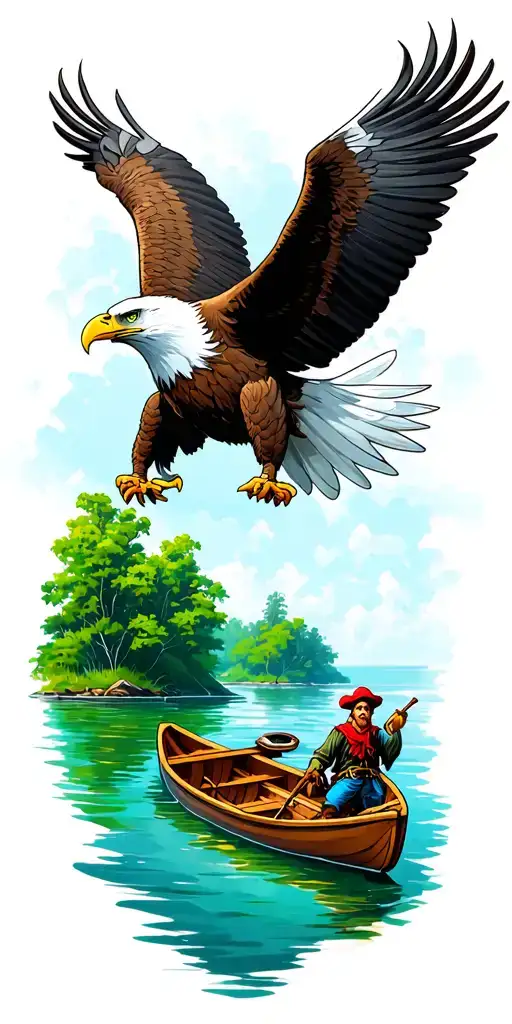 I want a sleeve with a bald eagle at the top and a lagoon from Peter Pan with a pirate in a rowboat tattoo design idea