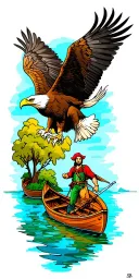 I want a sleeve with a bald eagle at the top and a lagoon from Peter Pan with a pirate in a rowboat tattoo design idea