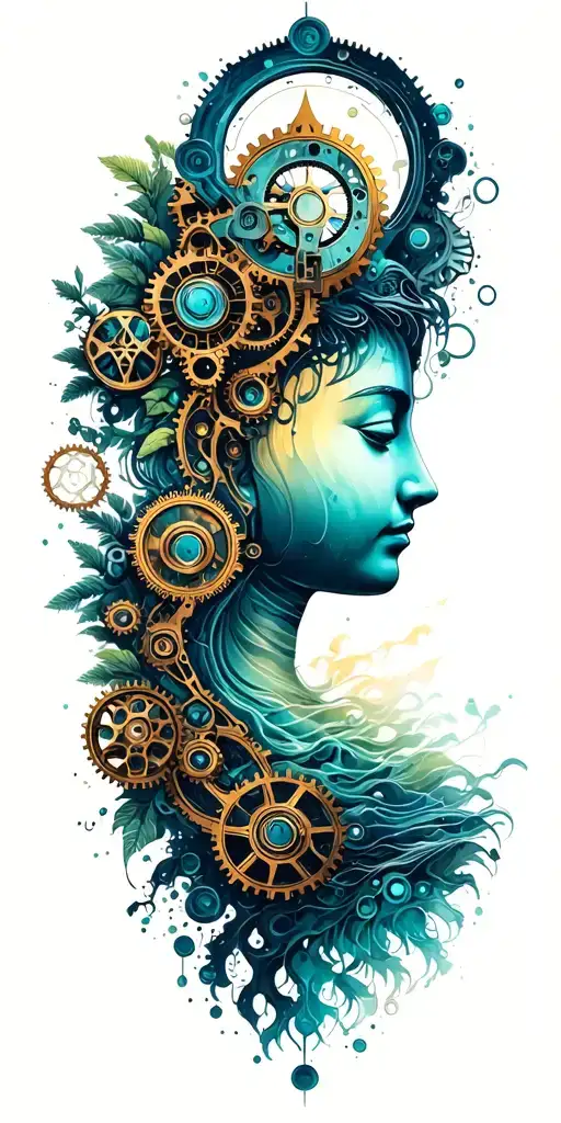 path of enlightenment with Buddhist symbols of nature and steampunk mechanical gears tattoo design idea
