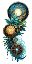 path of enlightenment with Buddhist symbols of nature and steampunk mechanical gears tattoo design idea