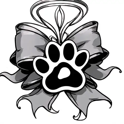 long flowy bow with a paw print centre with halo on top tattoo design idea