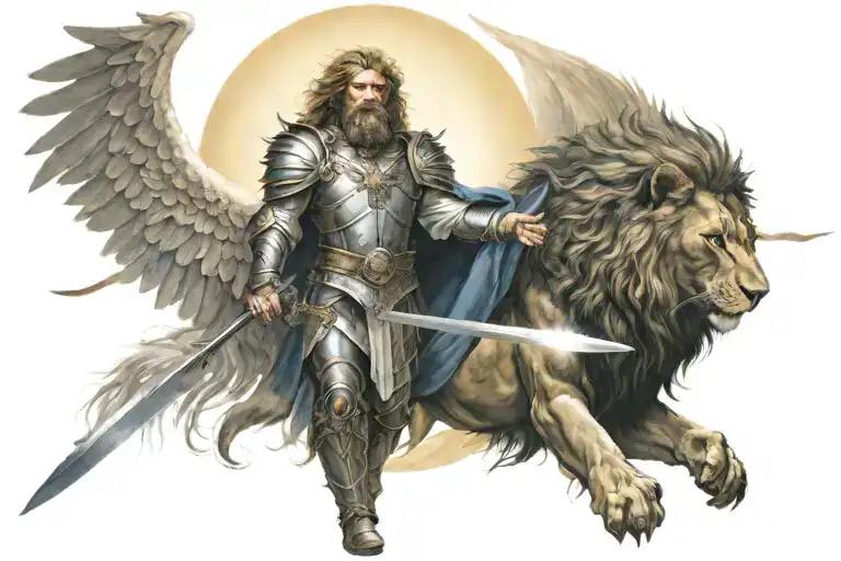 a guardian angel with outstretched wings and a luminous halo, a sword, a scale and a lion tattoo design idea