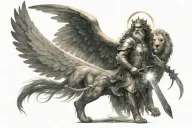 a guardian angel with outstretched wings and a luminous halo, a sword, a scale and a lion tattoo design idea