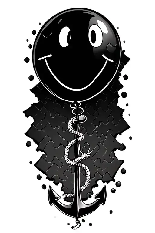 puzzle falling apart from the shoulder down to elbow with an anchor holding down a smiley face balloon tattoo design idea
