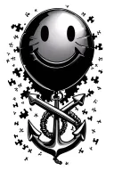 puzzle falling apart from the shoulder down to elbow with an anchor holding down a smiley face balloon tattoo design idea