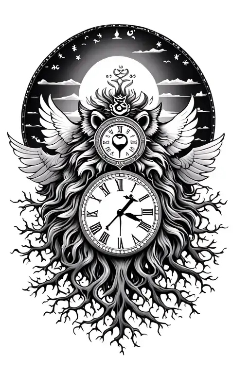 Lion, Clock, Tree with roots, Dove, Infinity, mountain, sunrise, virgo, om, mandala tattoo design idea