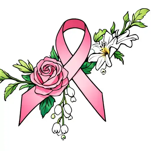 cancer ribbon with rose, lily of the valley, and narcissus at the bottom as the end of the ribbon. Very danty and small tattoo design idea