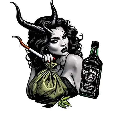 devil woman smoking cigerette holding a weed pipe and bag of weed with a jack Daniel's bottle  tattoo design idea