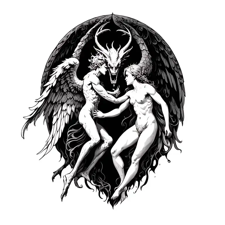 A demon and angel locked in battle, representing the eternal struggle between good and evil tattoo design idea