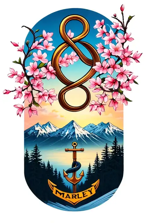 Design me a forearm tattoo with a infinity symbol, anchor, cherry blossom, mountain range, snowboard and the name marley tattoo design idea