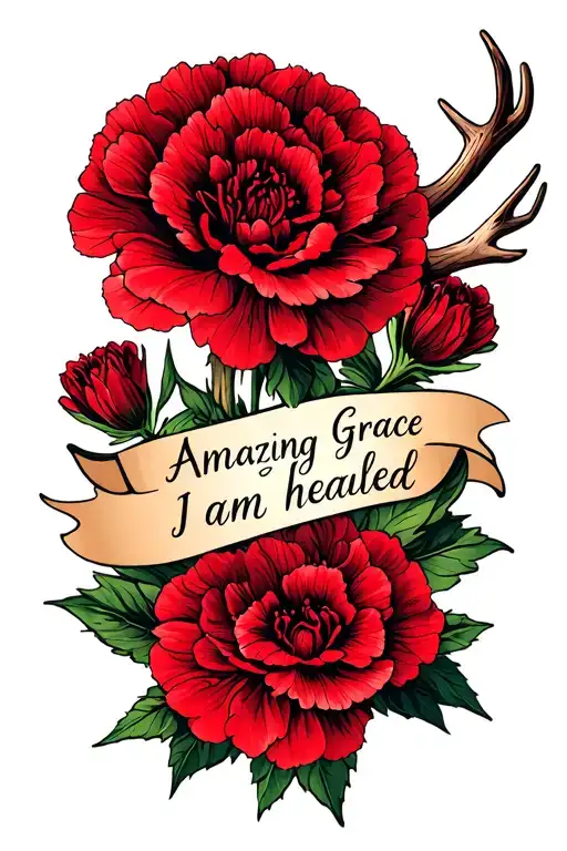 deer antler red carnation, amazing grace i am healed tattoo design idea
