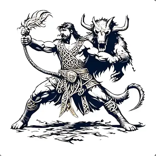 Irish Celtic warrior fighting a demon tattoo design idea