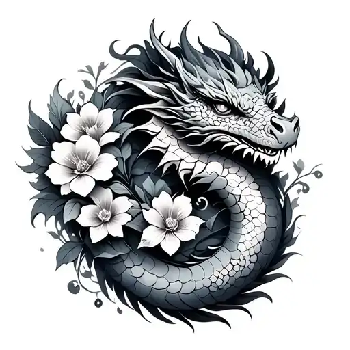 mini dragon and flowers tattoo design idea