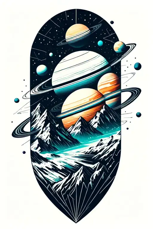 planets in geo symteric shapes surrounding mountains with hint of cyan color tattoo design idea