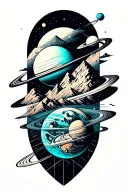 planets in geo symteric shapes surrounding mountains with hint of cyan color tattoo design idea