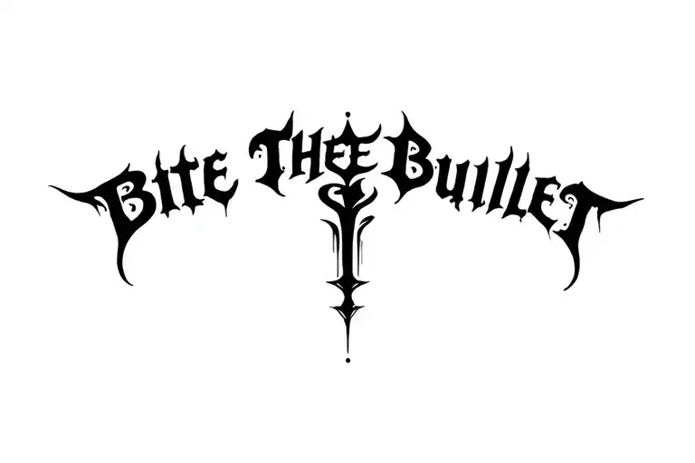 "Bite The Bullet" blackwork tattoo lettering, abstract sigil forms with gothic calligraphy, ornamental chaos tattoo design idea